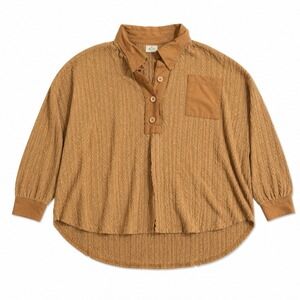 Blue Buttercup Cable Knit Henley Top Camel Brown Oversized Button Up Pocket XL